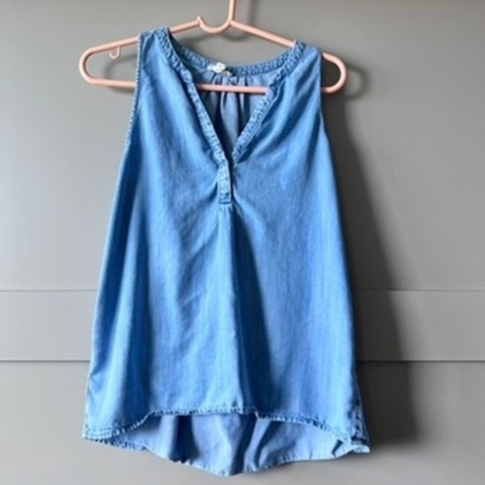 Joie Soft Women Blue Chambray Sleeveless V-Neck High Low Tank Top Size S Classic